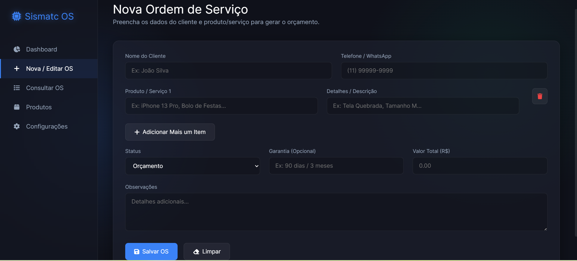 Tela de Orçamentos